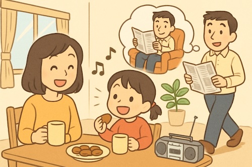 英検3級面接：母親と女の子がテーブルでクッキー、音楽を聴き、父親は新聞を持ってソファで読もうとしている場面